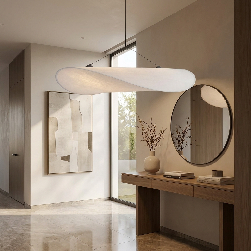 Japandi White Silk Fabric Minimalist Pendant Light lifestyle image - Higgsfield lux20v1 - a9