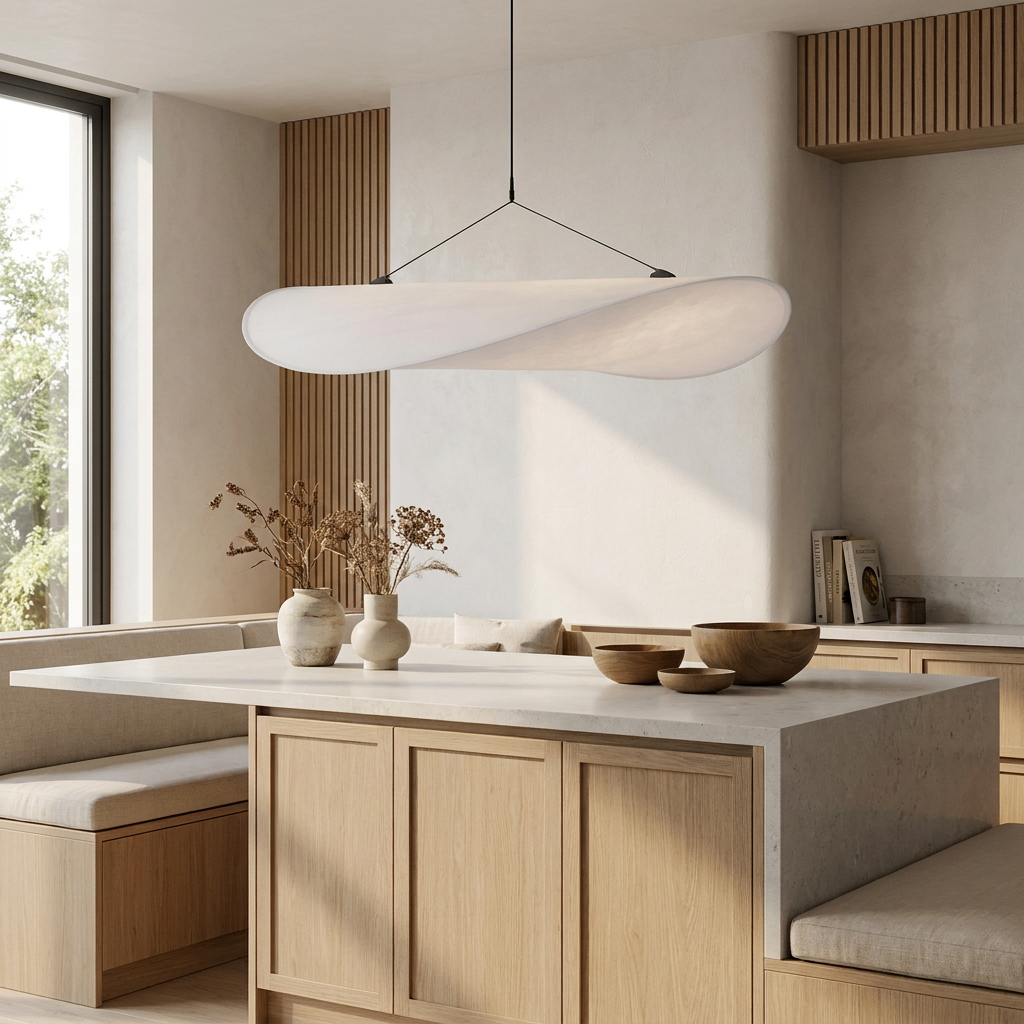Japandi White Silk Fabric Minimalist Pendant Light lifestyle image - Higgsfield lux20v1 - a10