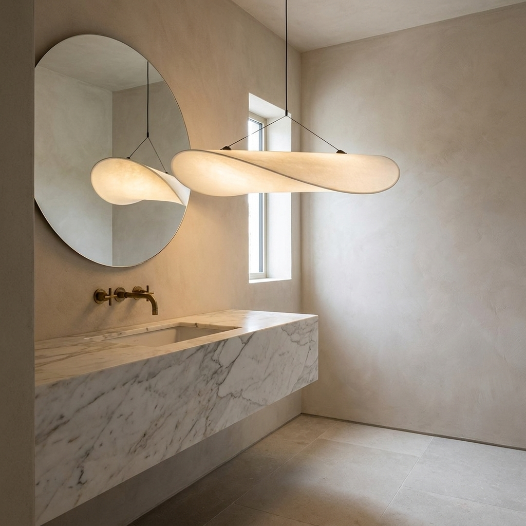 Japandi White Silk Fabric Minimalist Pendant Light lifestyle image - Higgsfield lux20v1 - a12