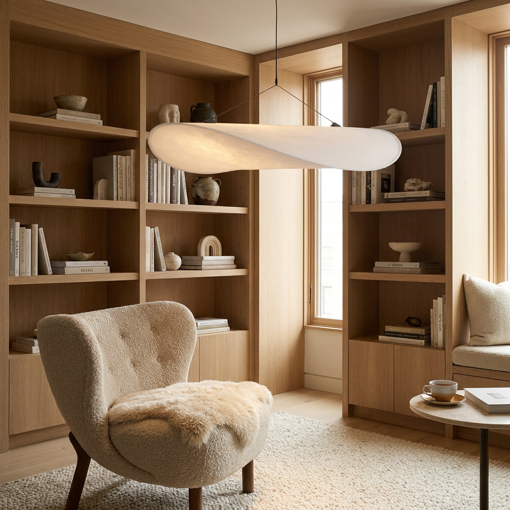 Japandi White Silk Fabric Minimalist Pendant Light lifestyle image - Higgsfield lux20v1 - a13
