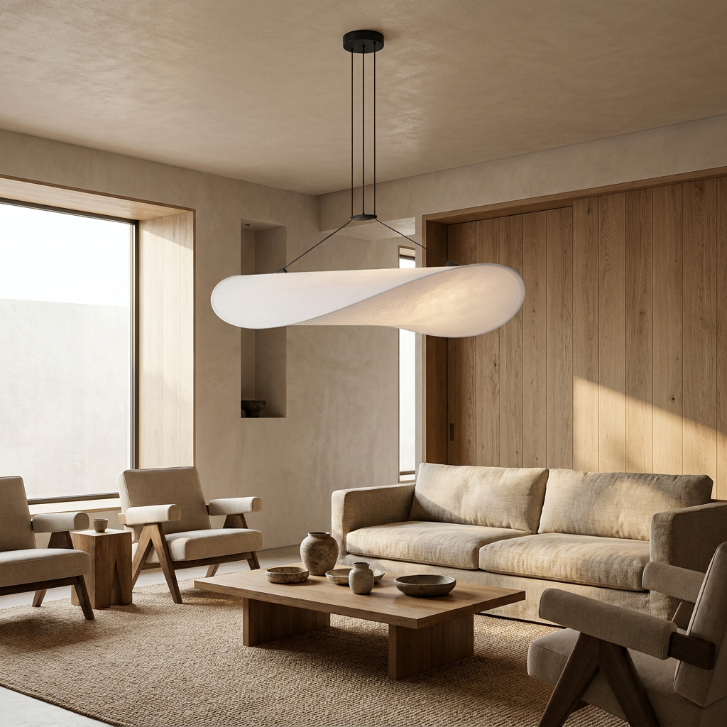 Japandi White Silk Fabric Minimalist Pendant Light lifestyle image - Higgsfield lux20v1 - a14