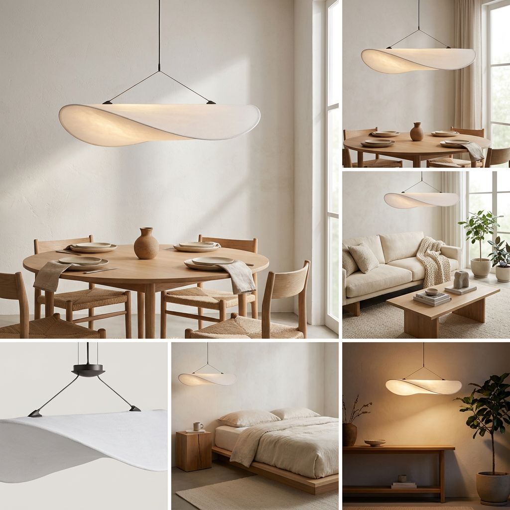 Japandi White Silk Fabric Minimalist Pendant Light lifestyle image - Higgsfield lux20v1 - a15