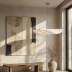 Japandi White Silk Fabric Minimalist Pendant Light lifestyle image - Higgsfield lux20v1 - a16