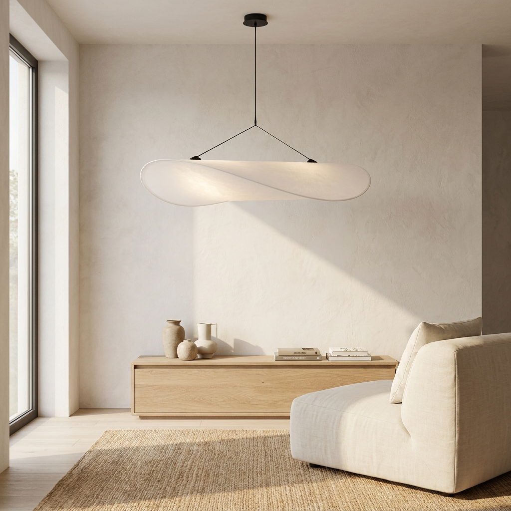 Japandi White Silk Fabric Minimalist Pendant Light lifestyle image - Higgsfield lux20v1 - a17