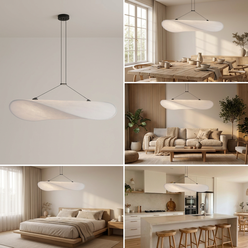 Japandi White Silk Fabric Minimalist Pendant Light lifestyle image - Higgsfield lux20v1 - a18