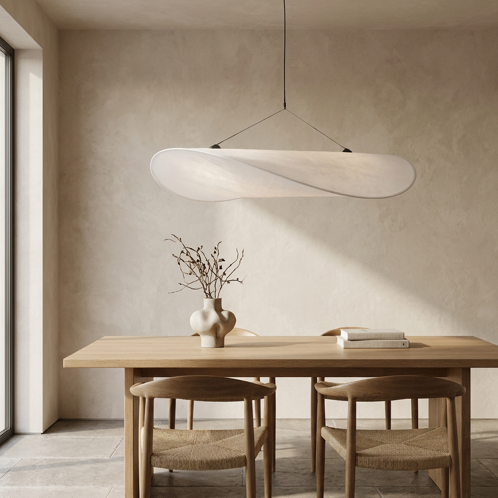 Japandi White Silk Fabric Minimalist Pendant Light lifestyle image - Higgsfield lux20v1 - a19