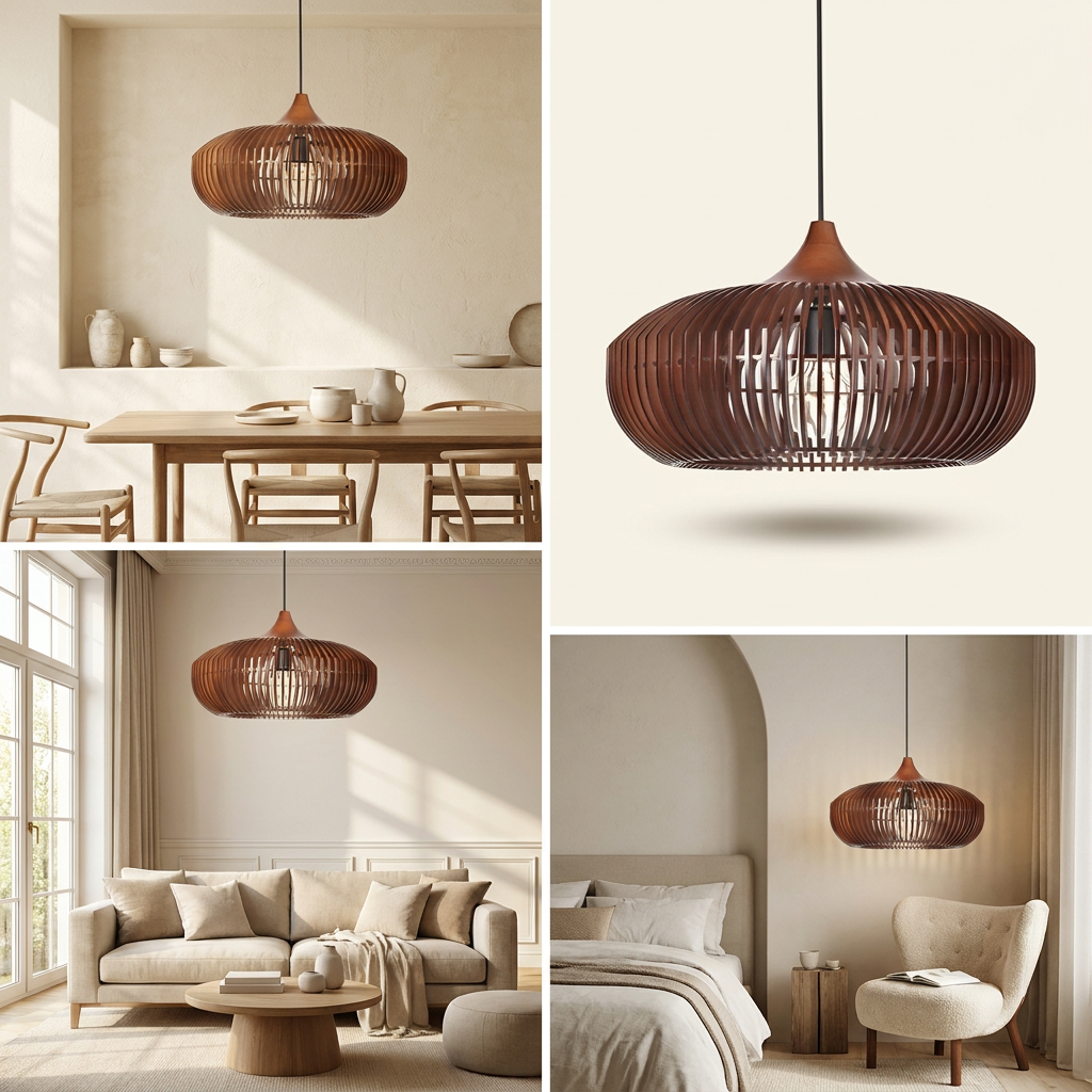The Halo of Zen Japandi Wood Pendant Light lifestyle image - Higgsfield lux20v1 - hero