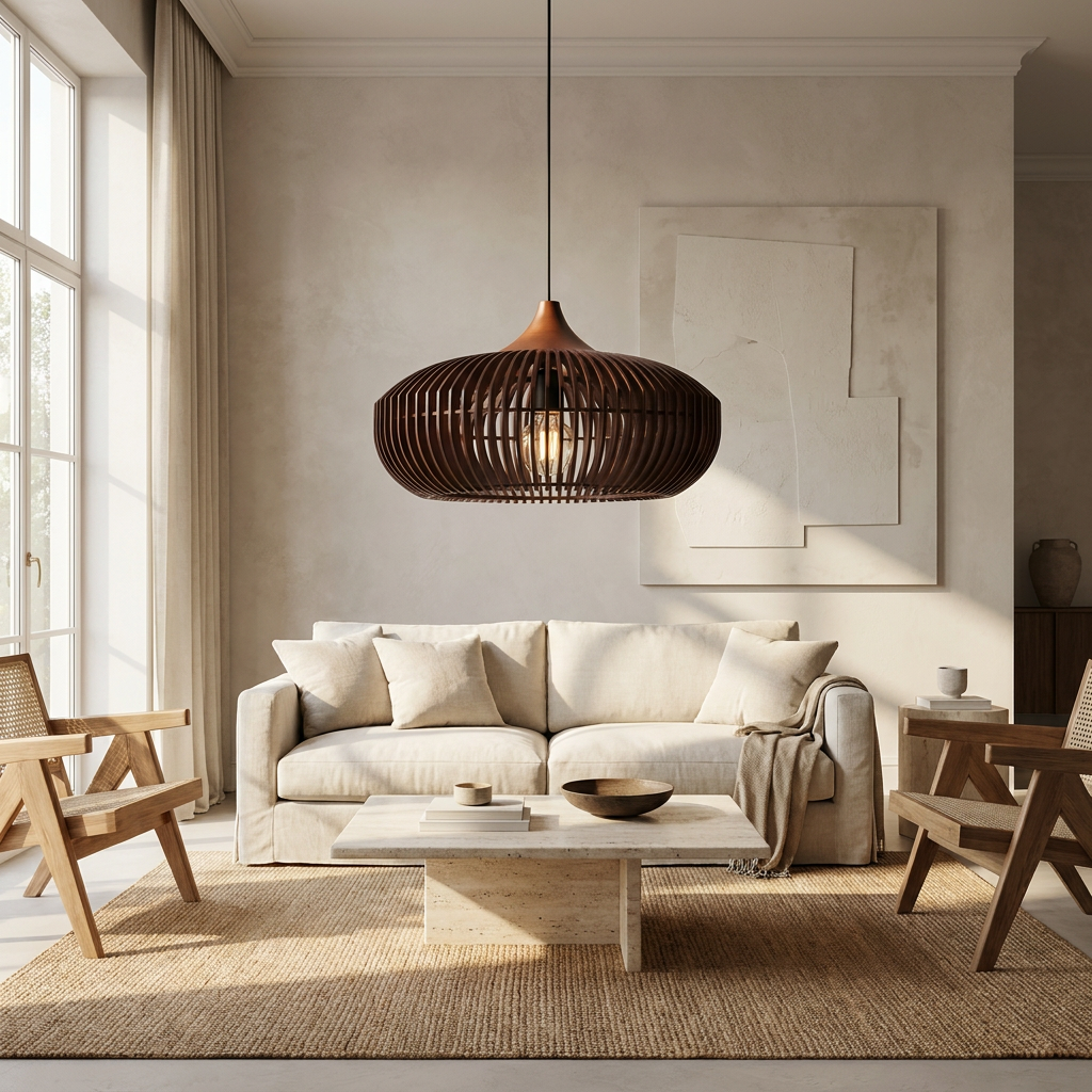 The Halo of Zen Japandi Wood Pendant Light lifestyle image - Higgsfield lux20v1 - a5