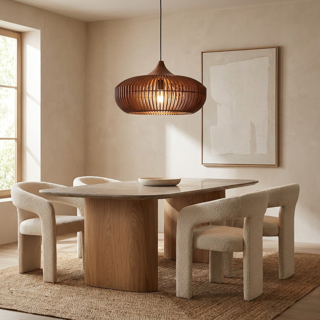 The Halo of Zen Japandi Wood Pendant Light lifestyle image - Higgsfield lux20v1 - a7