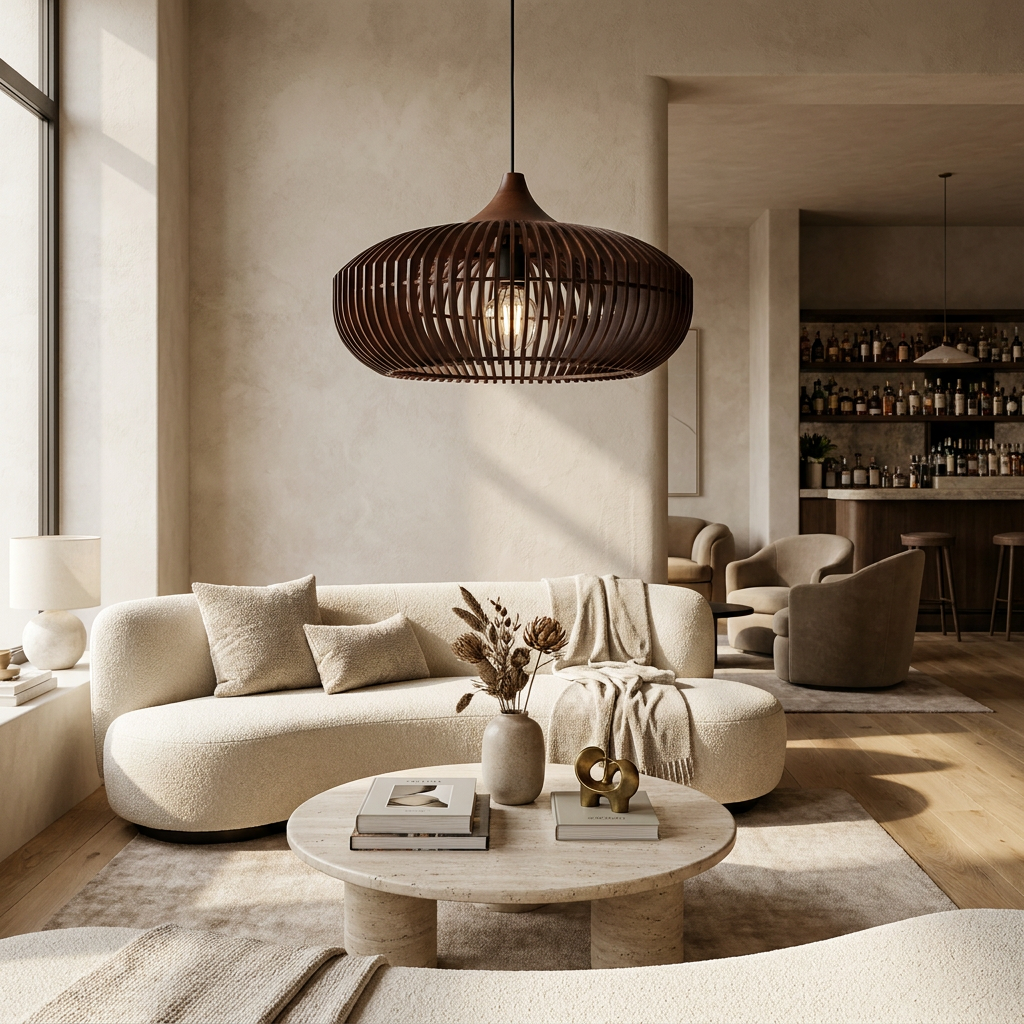 The Halo of Zen Japandi Wood Pendant Light lifestyle image - Higgsfield lux20v1 - a14