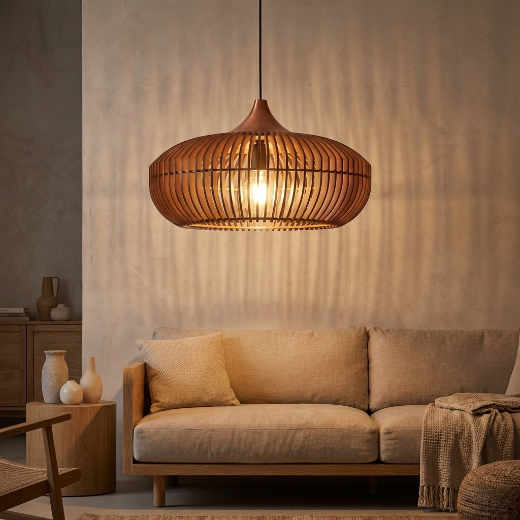 The Halo of Zen Japandi Wood Pendant Light lifestyle image - Higgsfield lux20v1 - a15