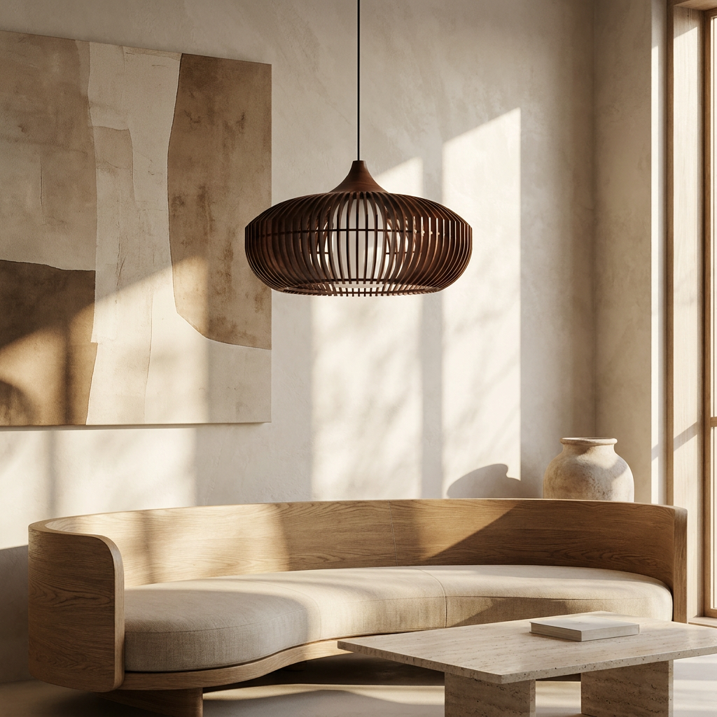The Halo of Zen Japandi Wood Pendant Light lifestyle image - Higgsfield lux20v1 - a16