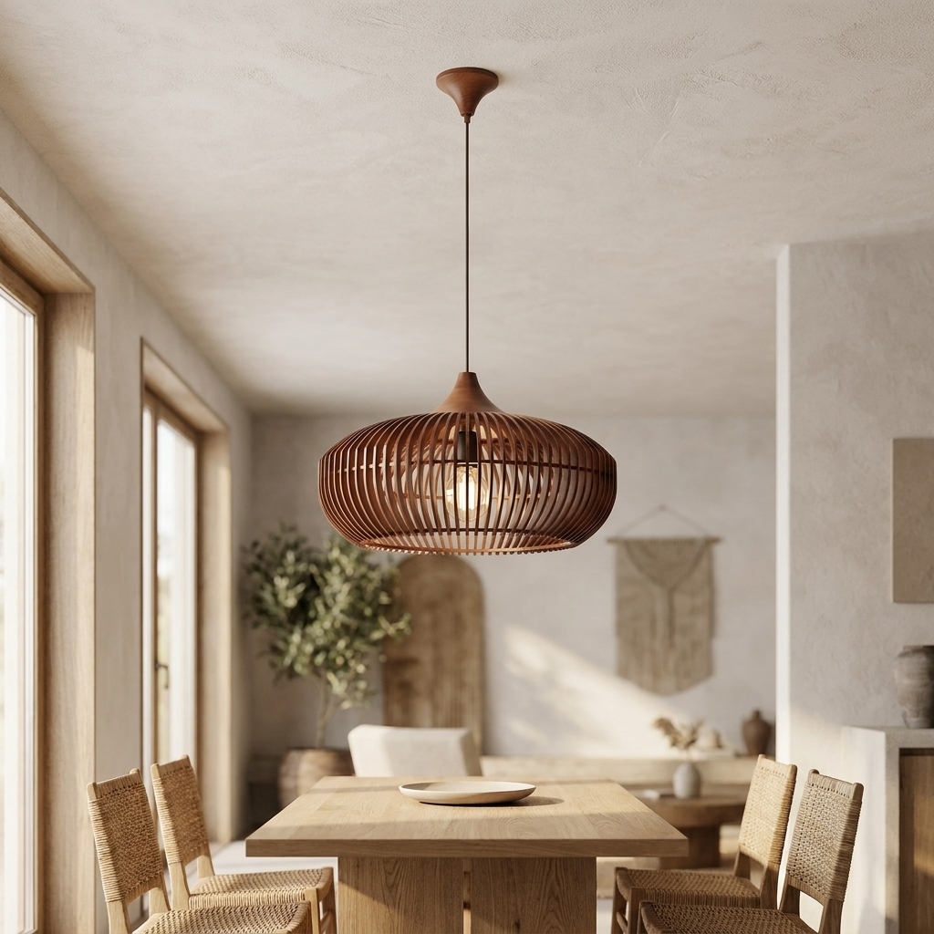 The Halo of Zen Japandi Wood Pendant Light lifestyle image - Higgsfield lux20v1 - a17