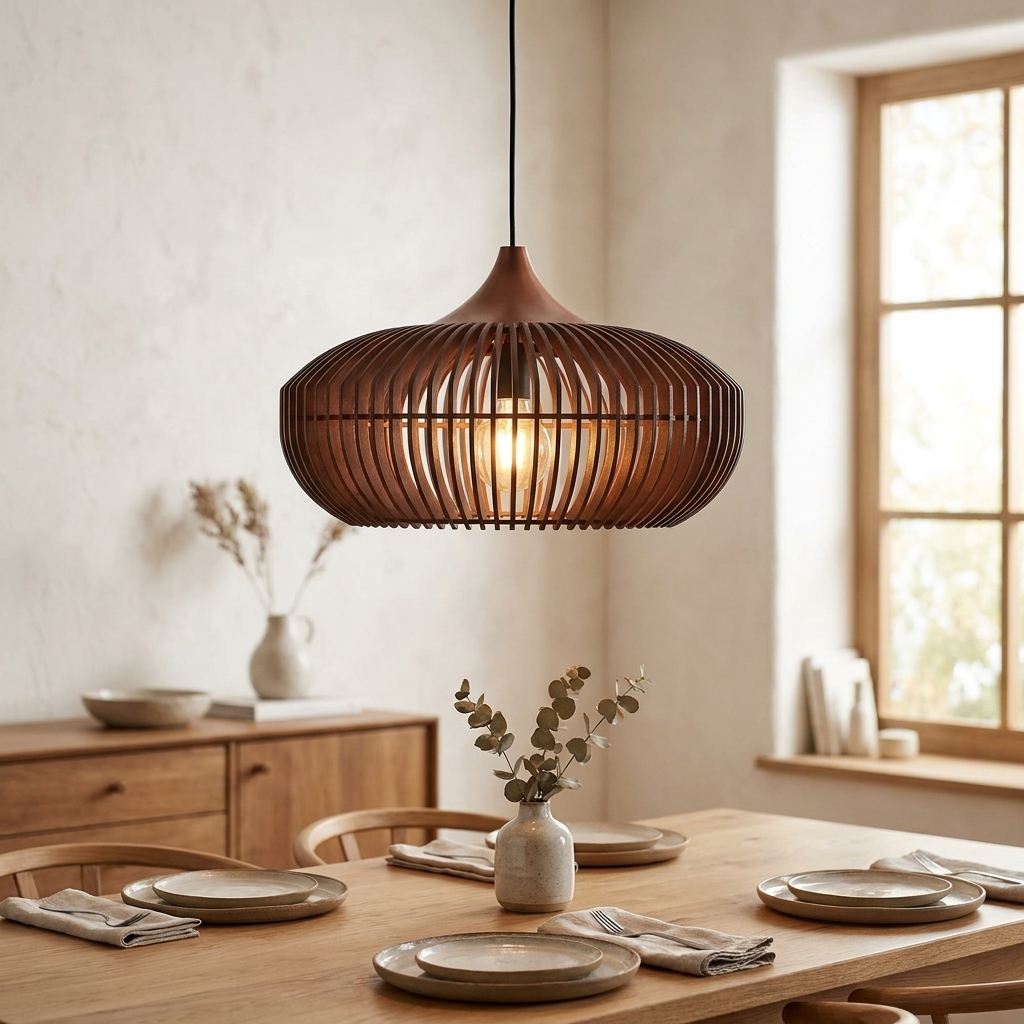 The Halo of Zen Japandi Wood Pendant Light lifestyle image - Higgsfield lux20v1 - a18