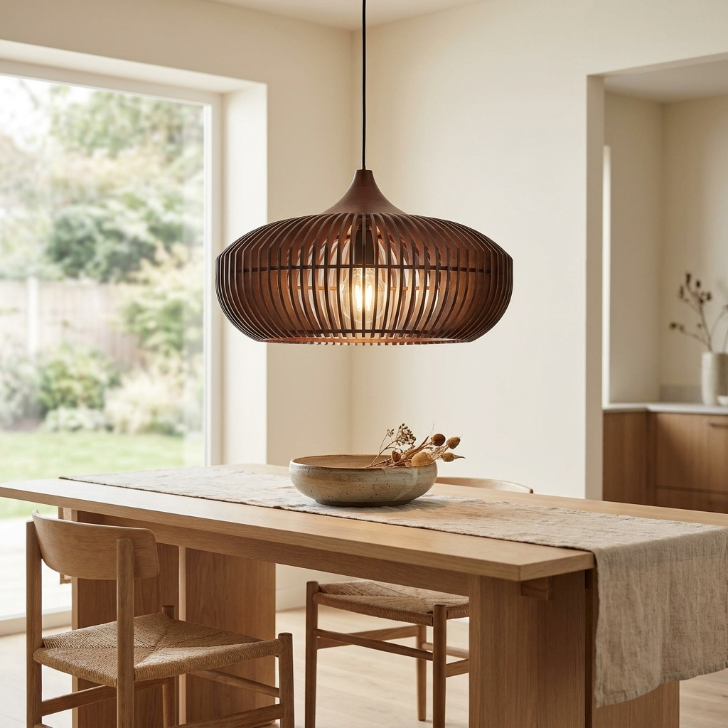 The Halo of Zen Japandi Wood Pendant Light lifestyle image - Higgsfield lux20v1 - a19
