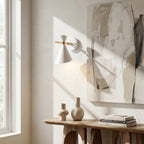 NordicGlow - Simple Nordic wall lamp with horn shade lifestyle image - Higgsfield lux20v1 - a16