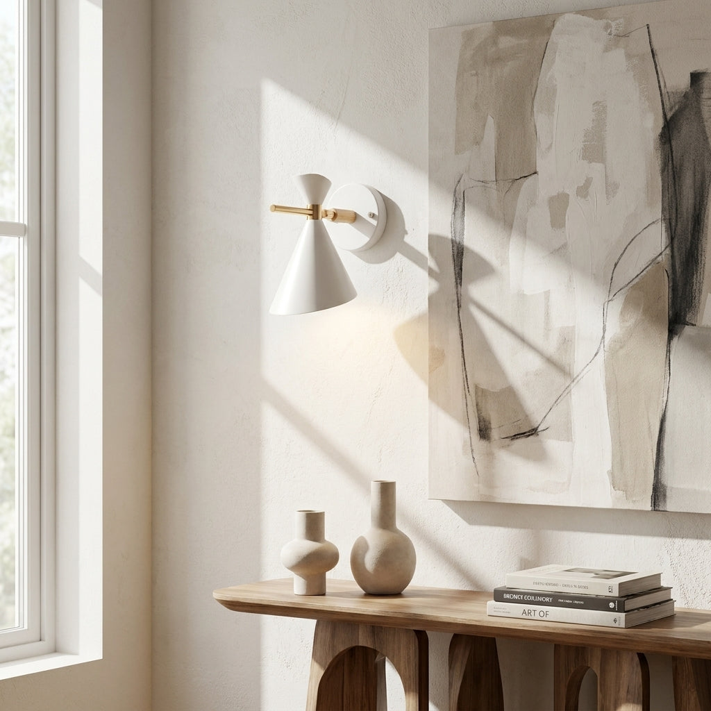 NordicGlow - Simple Nordic wall lamp with horn shade lifestyle image - Higgsfield lux20v1 - a16