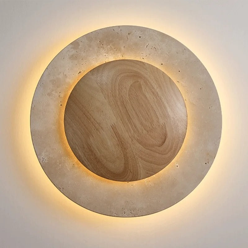 Round Travertine Wood Wall Light
