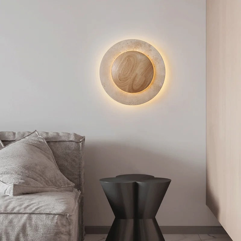 Round Travertine Wood Wall Light