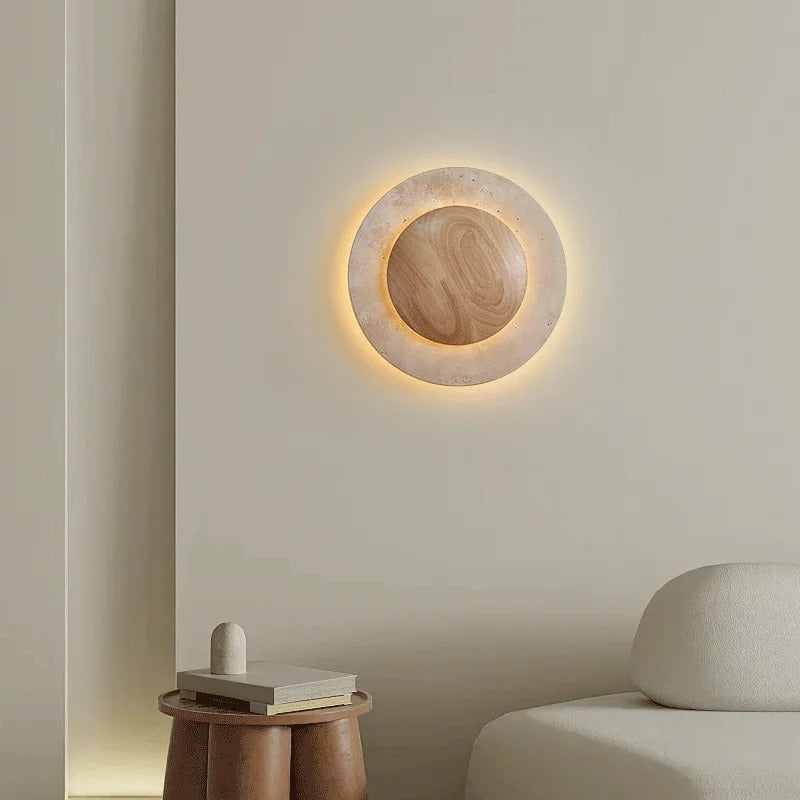 Round Travertine Wood Wall Light