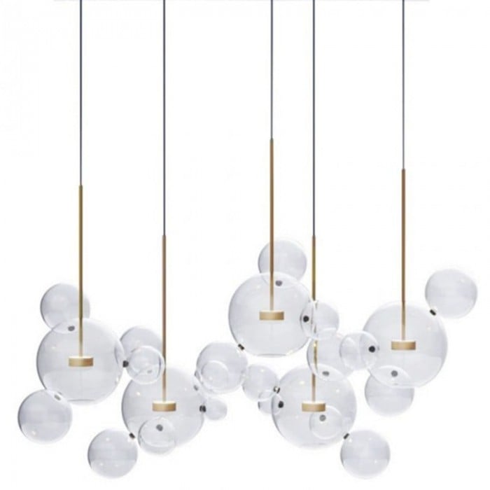 Aura glass bubble pendant light, five rods in a row with a wide spread of spheres