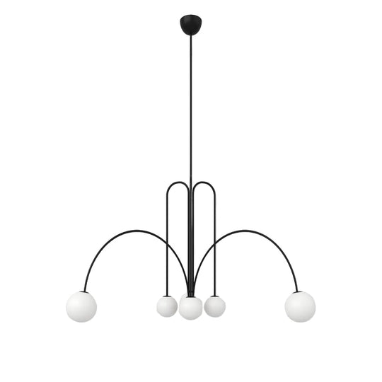 Gran Finale glass globe chandelier, black arched arms with opal spheres, product view