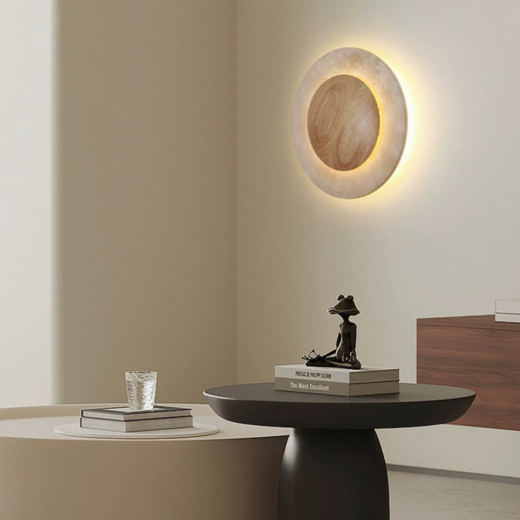 Round Travertine Wood Wall Light