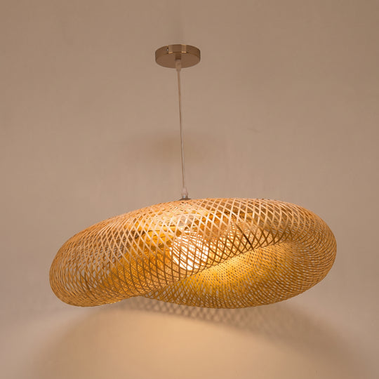 Aira bamboo pendant light, wavy woven shade, studio shot on a neutral backdrop