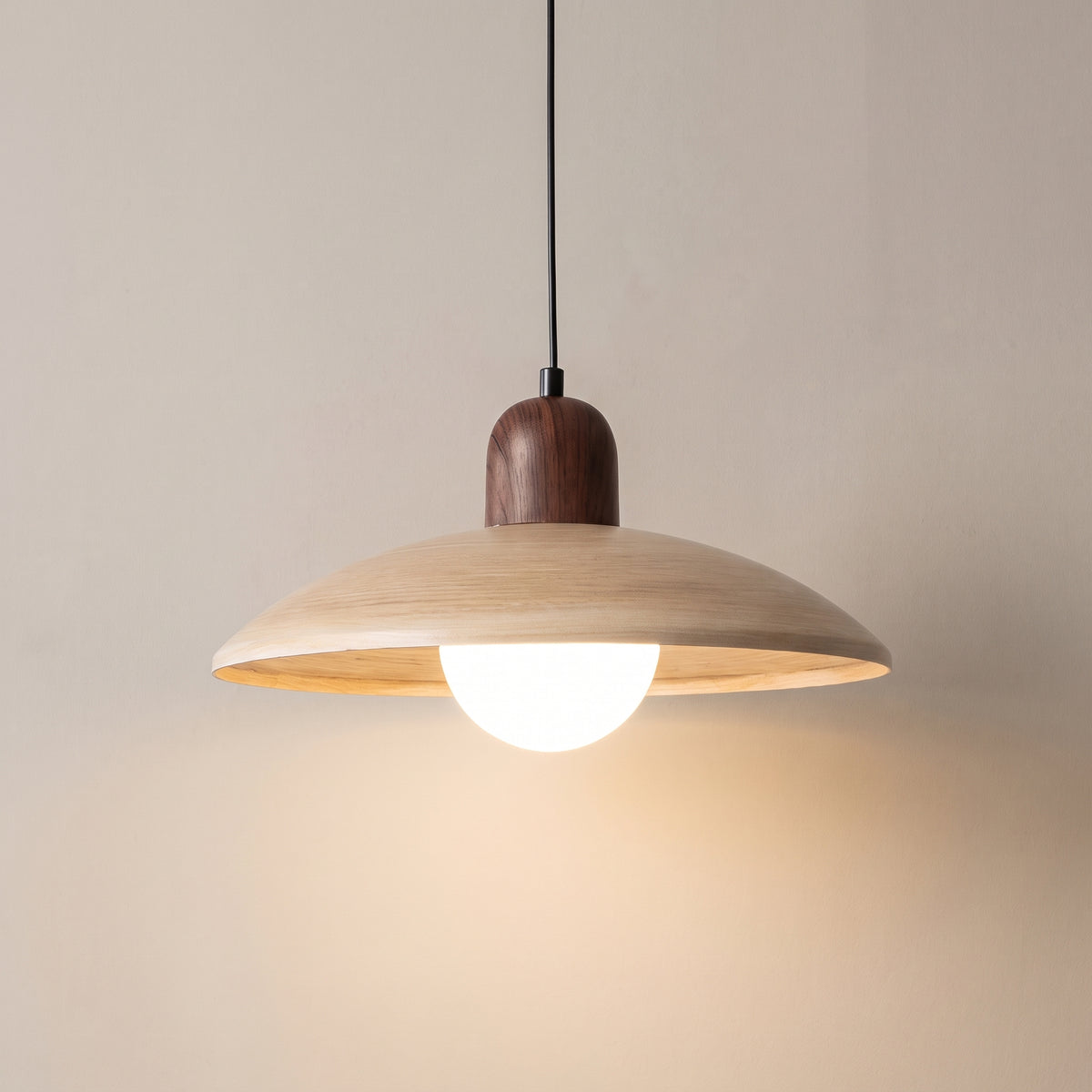 Wabi Sabi iron pendant light in a pale wood-grain finish, studio shot on a neutral backdrop
