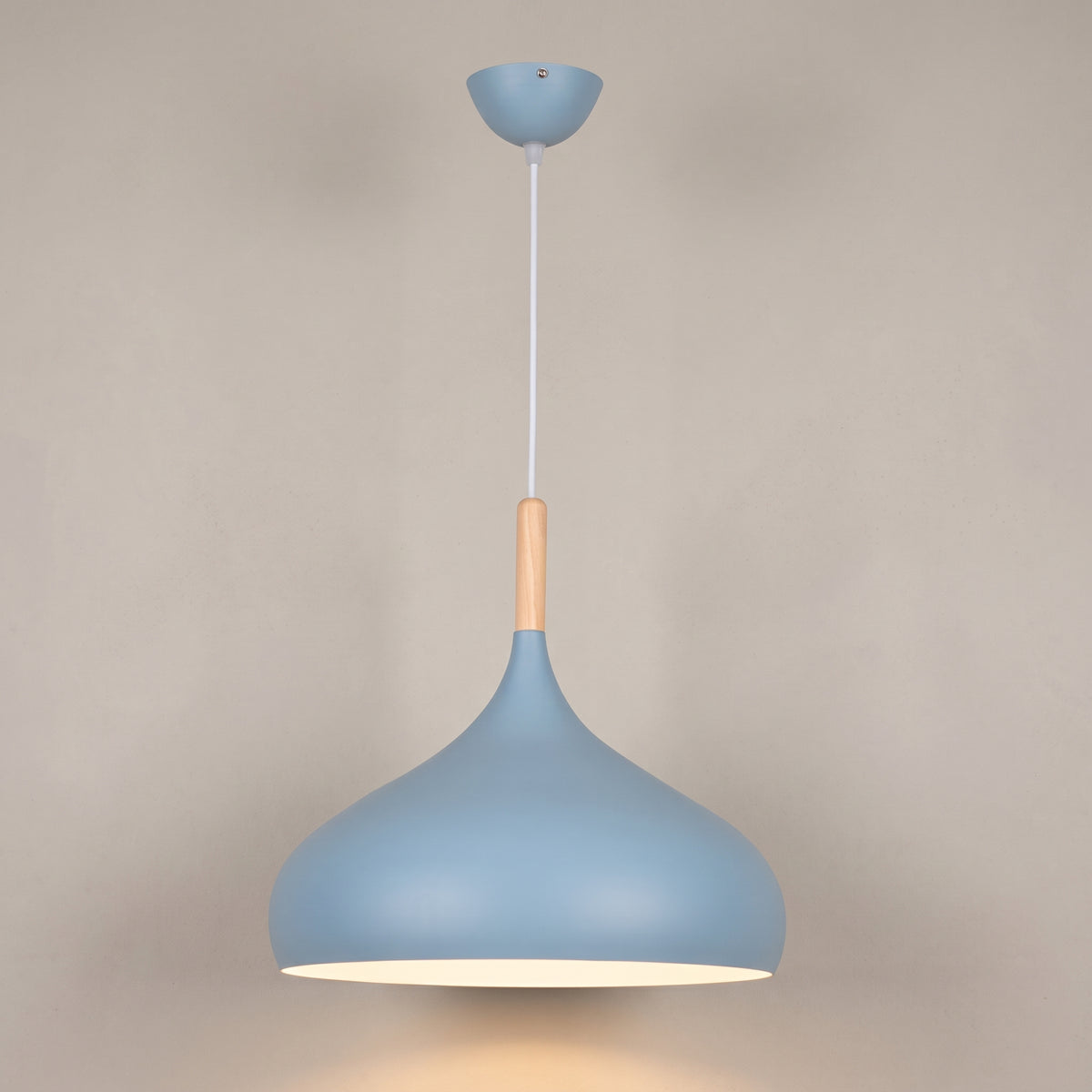 Macaroon modern dome pendant light, pale blue shade with a matching canopy, studio shot on a neutral backdrop