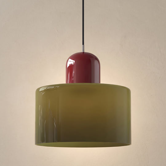 Nordic two-tone glass pendant light, olive shade, wine-red cap, studio shot on a neutral backdrop